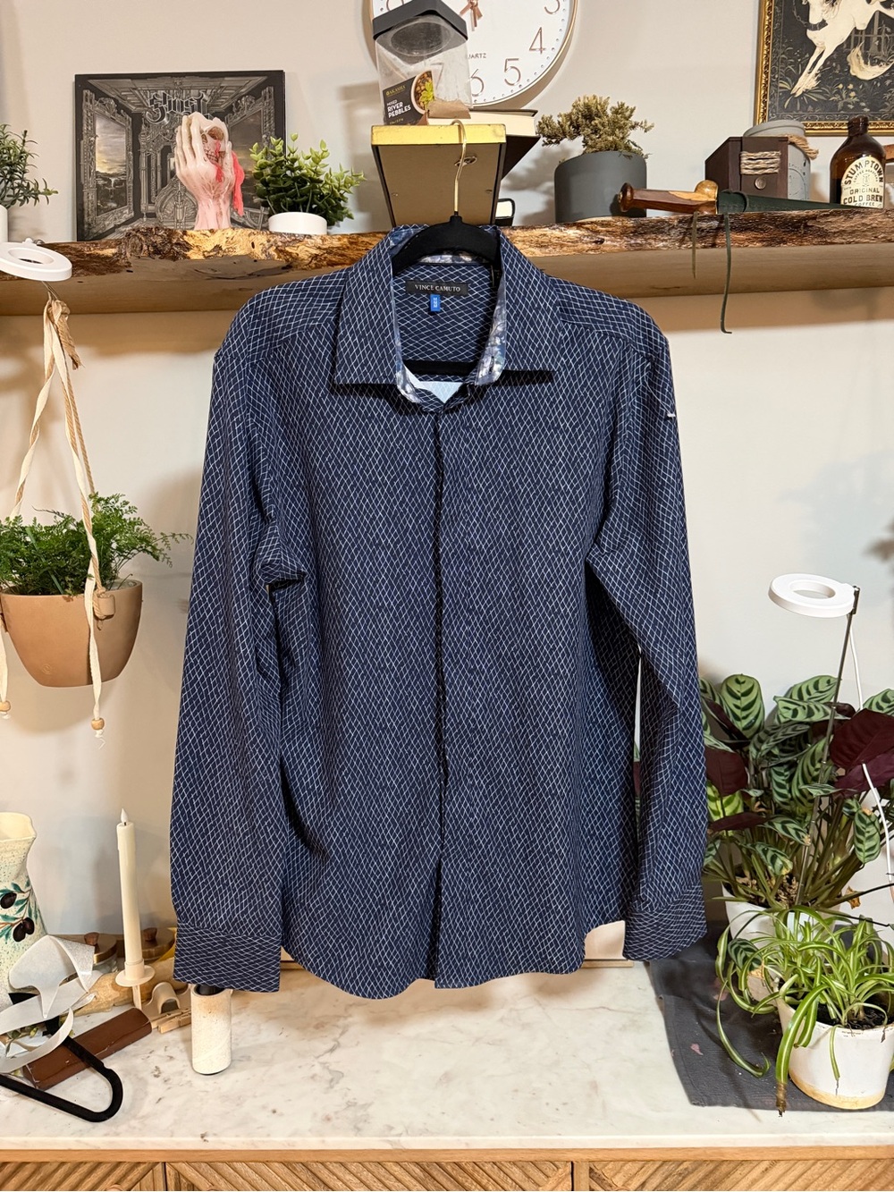 Vince Camuto Navy and White Geometric Button-Up Shirt